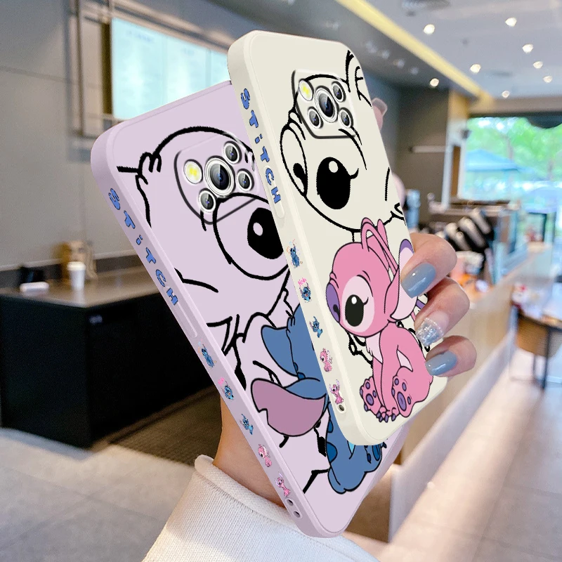 Cartoon Stitch Angel Cute Liquid Left Rope For Xiaomi Mi Poco X6 X5 X4 X3 M6 M5 M5S M4 M3 F5 F4 F3 Pro 5G TPU Phone Case