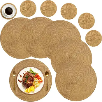 6Pcs Round Table Mat and Cup Coasters Set Woven Ramie Placemats Anti Slip Dining…