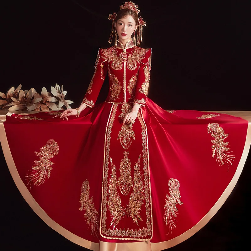 

Chinese Style Sequins Beading Tassels Wedding Dress Embroidery Cheongsam Traditional Bride Velour Qipao Toast Clothing