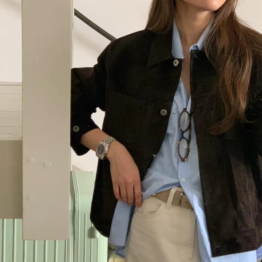 

Retro Weathered Versatile Collar Double ket Design Loose Workwear Jaet for Young Women Spring Season Long Sve