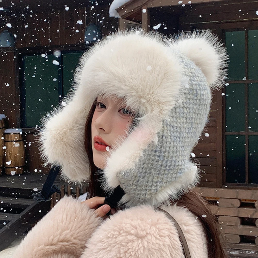 Gorro ruso HT4915 Ushanka, gorro de piel grueso y esponjoso para mujer, gorro con orejeras para esquí y nieve, gorro tejido para mujer, gorros, gorros de bombardero