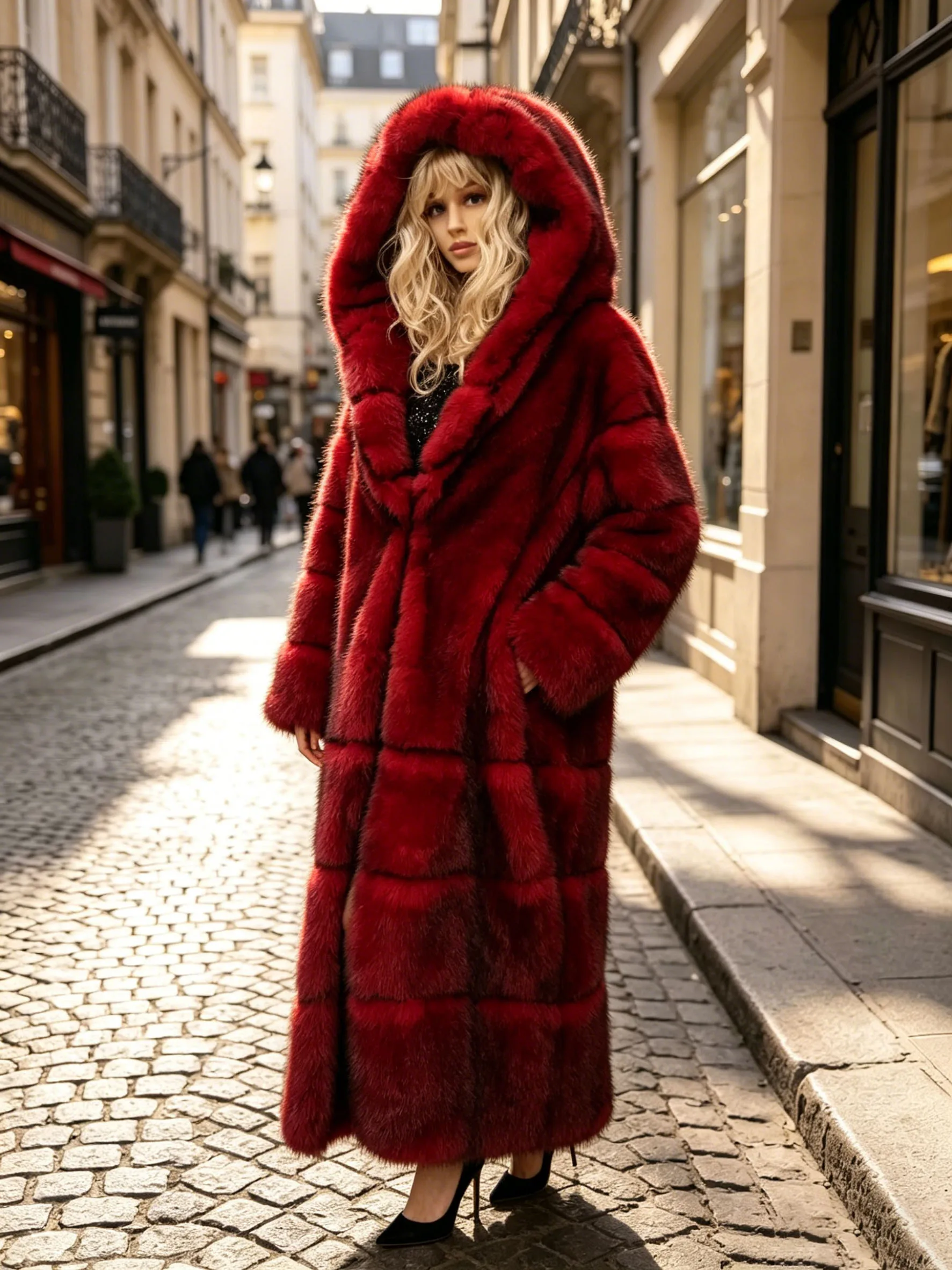 

Women's Red Faux Fur Hooded Coat 2026 Winter Long Length Fluffy Warm Luxury Jacket for Daily Party Streetwear