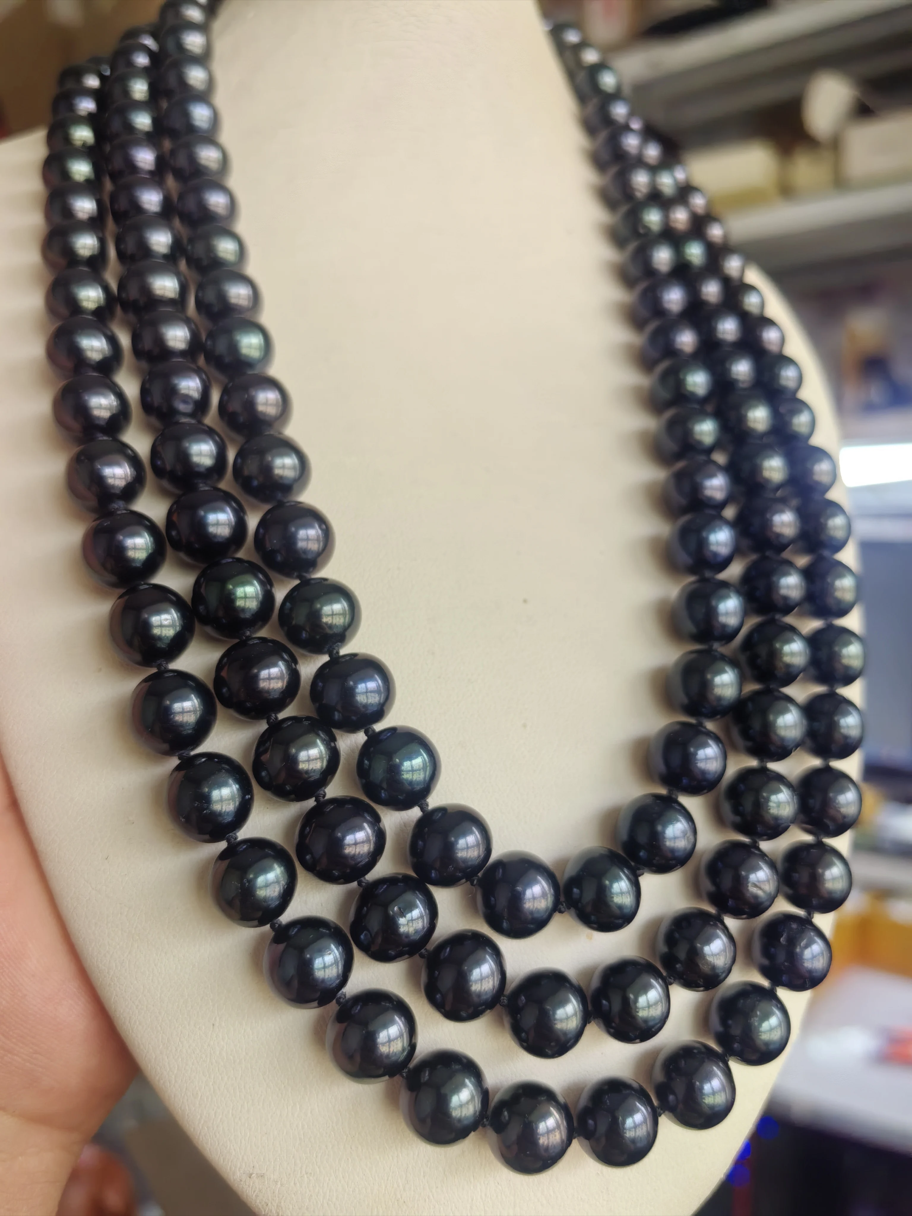 3-Row Natural Pearl Necklace AAAA10-11mm Natural Tahitian Round Black Pearl Necklace 925s (Physical Photo), 18 * 19 * 20 inch