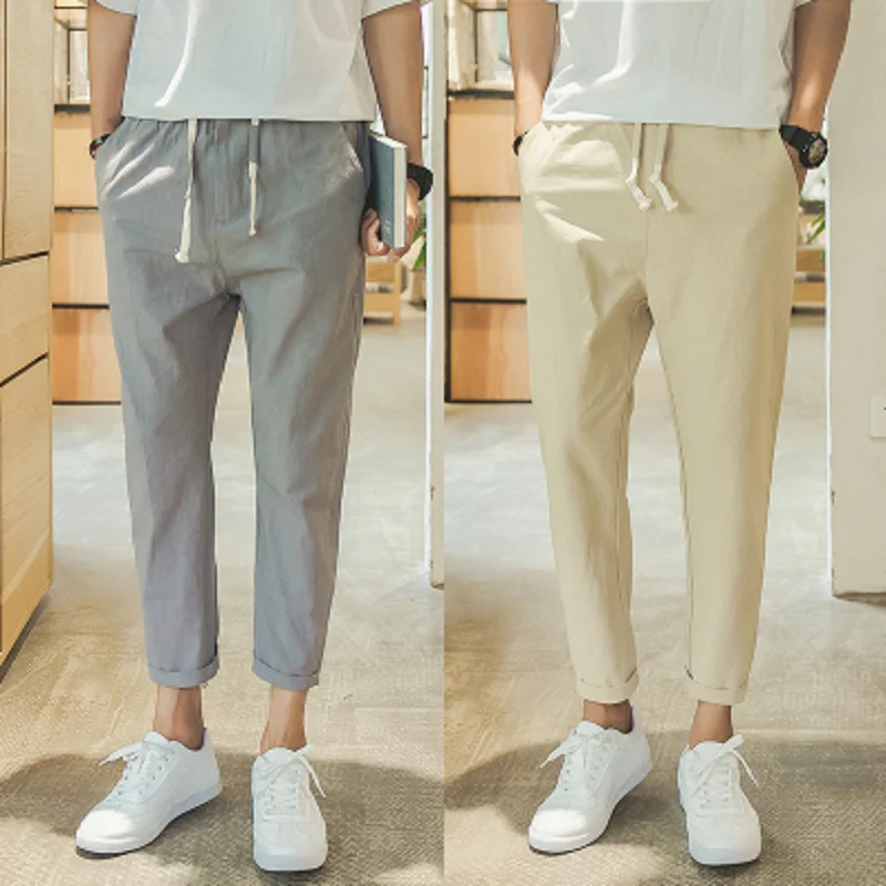 

Summer Thin Cotton Linen Nine Points Casual Pants Men's Slim Fit Harlan Trendy Trousers Cotton Linen Casual Trousers