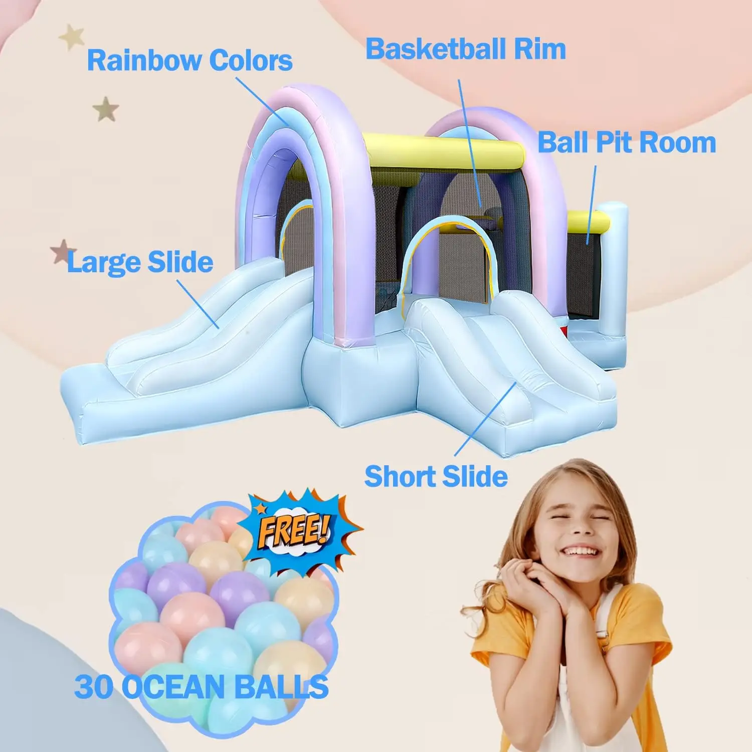 Marshmallow-Rainbow Bounce House para crianças, Bounce Pastel com Ball Pit, porta deslizante, castelo de salto, Bouncy House, frete grátis