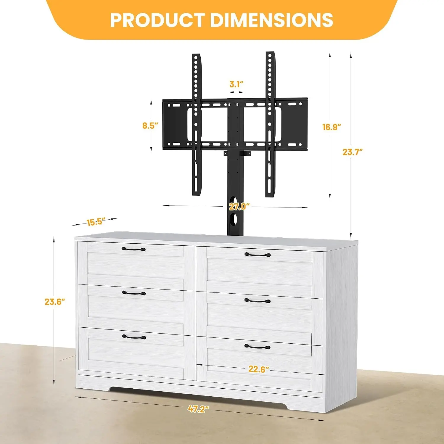 TV Stand Mount & 6 Drawers For 32-80 Inch TVs, White Entertainment Center Bedroom Living Room, Adjustable Media , Customized