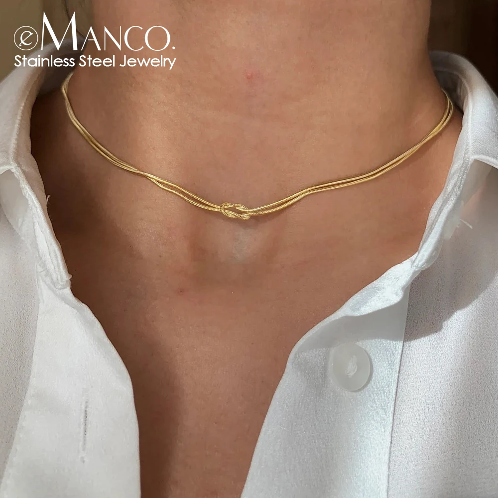 eManco  Elegant Minimalist Jewelry Lusterless 14k Gold Plated Knotted Snake Chain Necklace Women\'s Stainless Steel Accessories