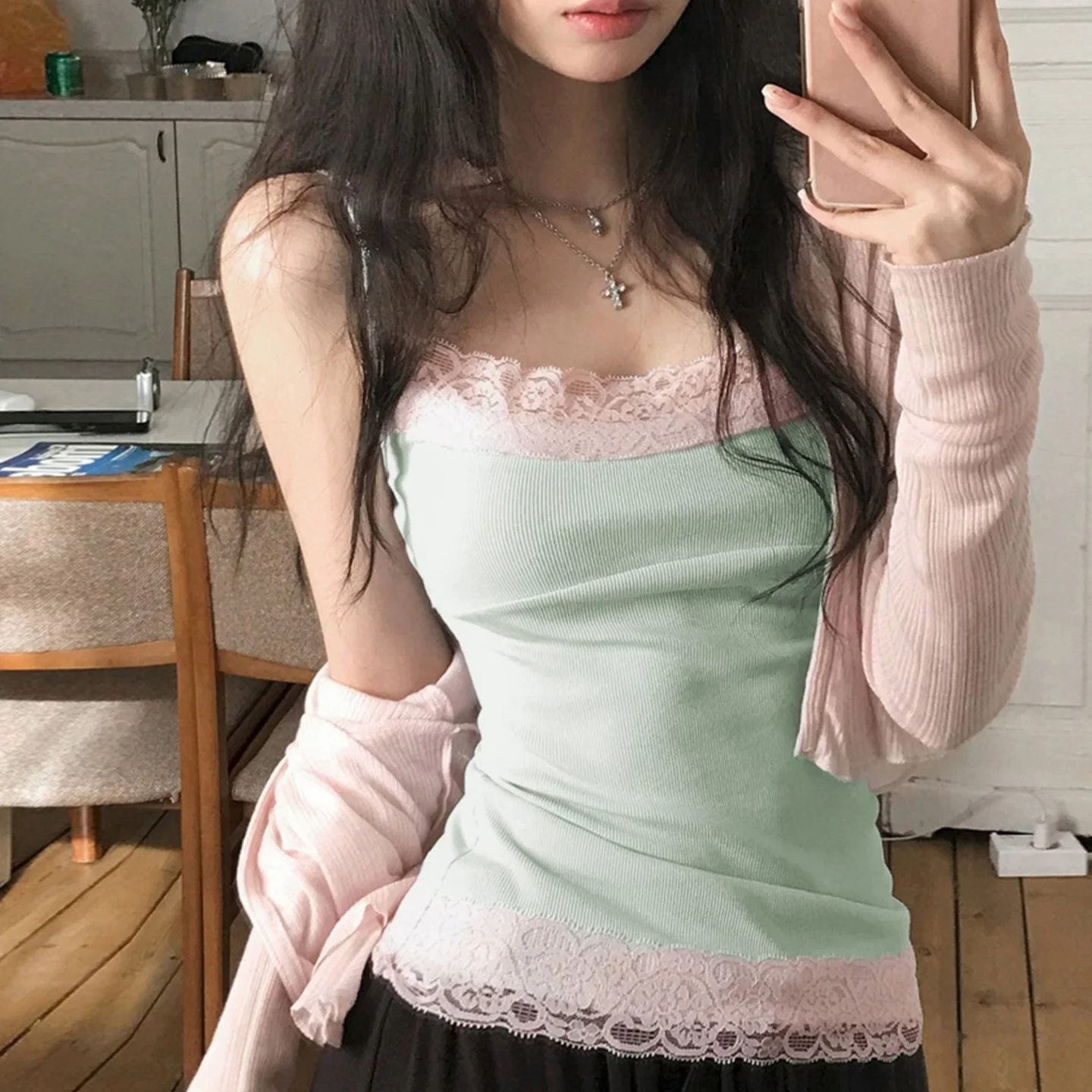 Cryptographic Coquette Female Clothing Sweet Lace Camis Top Romantic Cottagecore Vibrant Color Outfits Chic Girls' Daily Wear