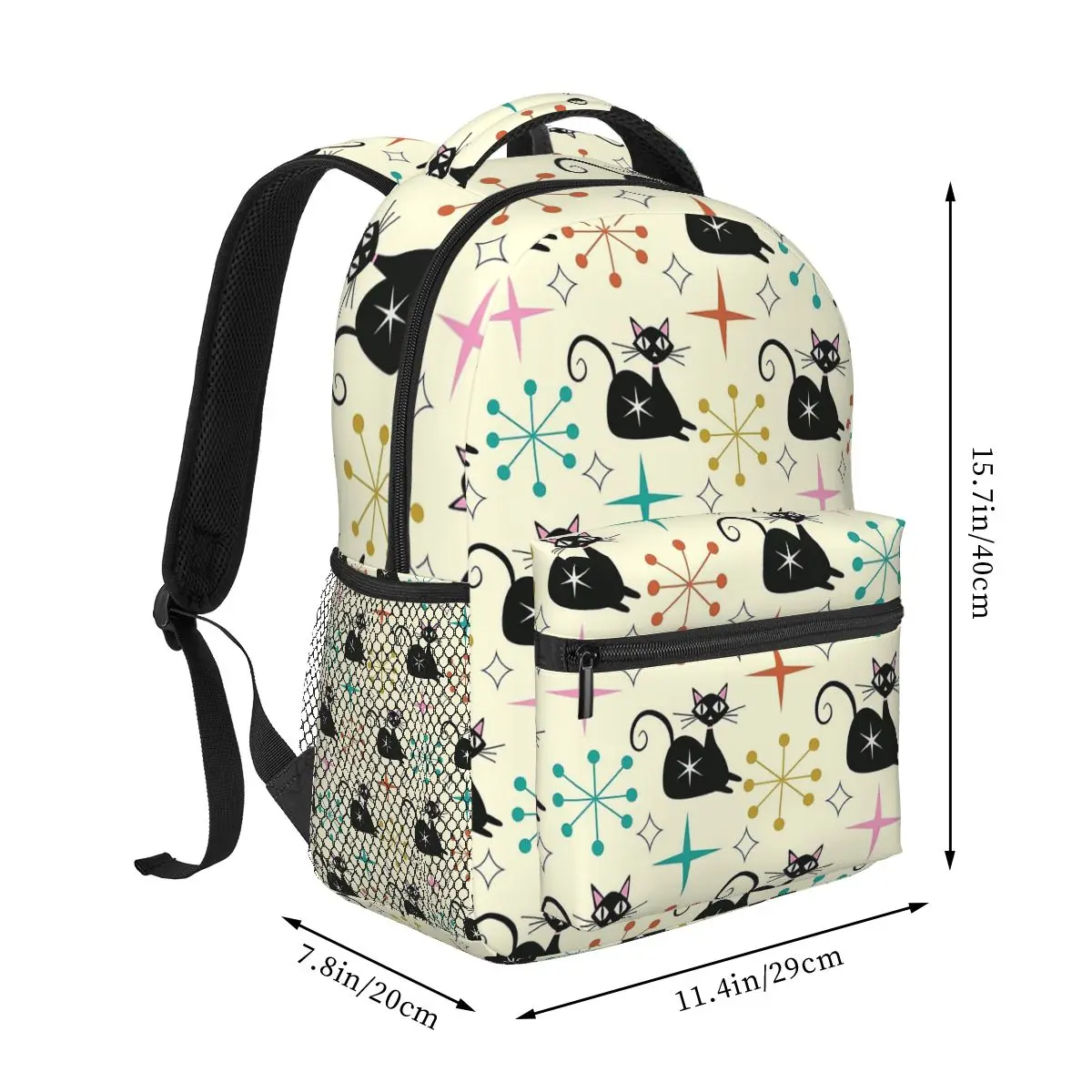 Mid Century Black Atomic Cat With Starbursts Student Backpack School Bag Daypack for Men Women Fashion Bookbag Shoulder Bags