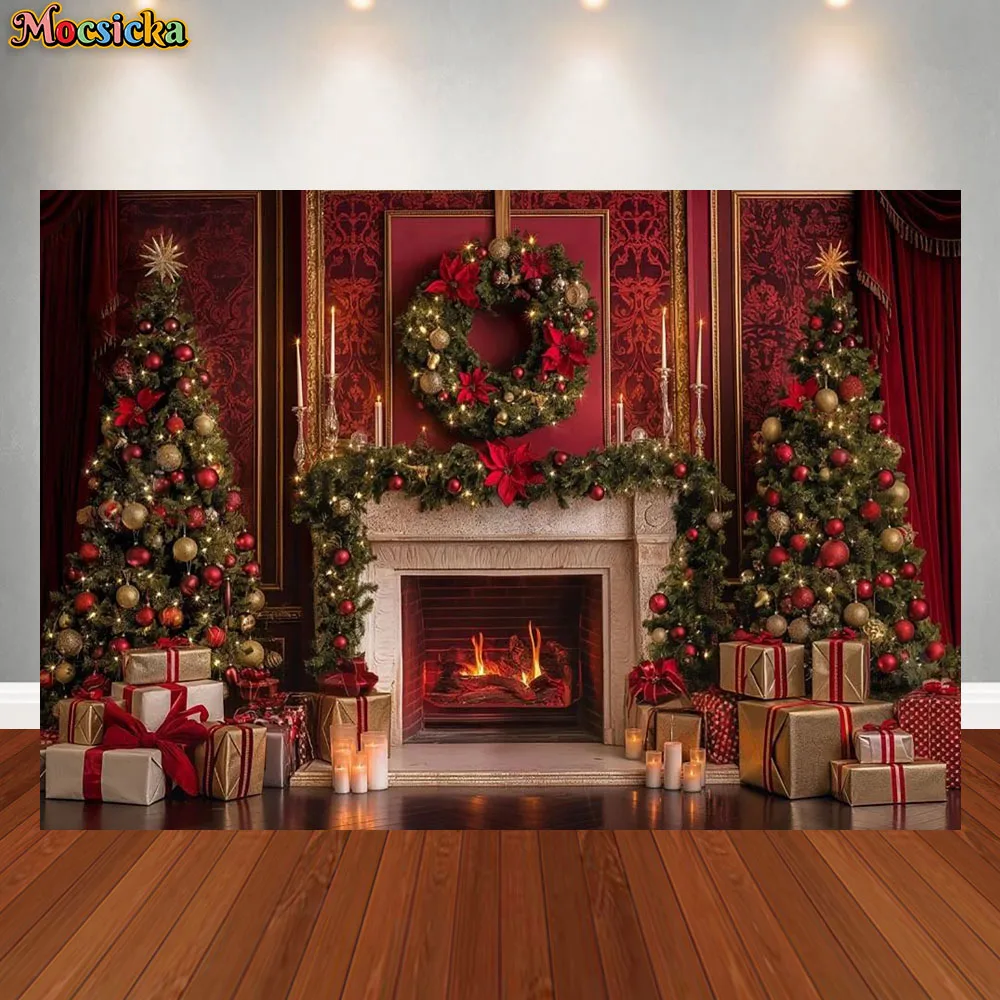 Mocsicka Photography Background Brick Wall Fireplace Wood Fire Flame Decor Baby Portrait Christmas Party Backdrop Photo Studio