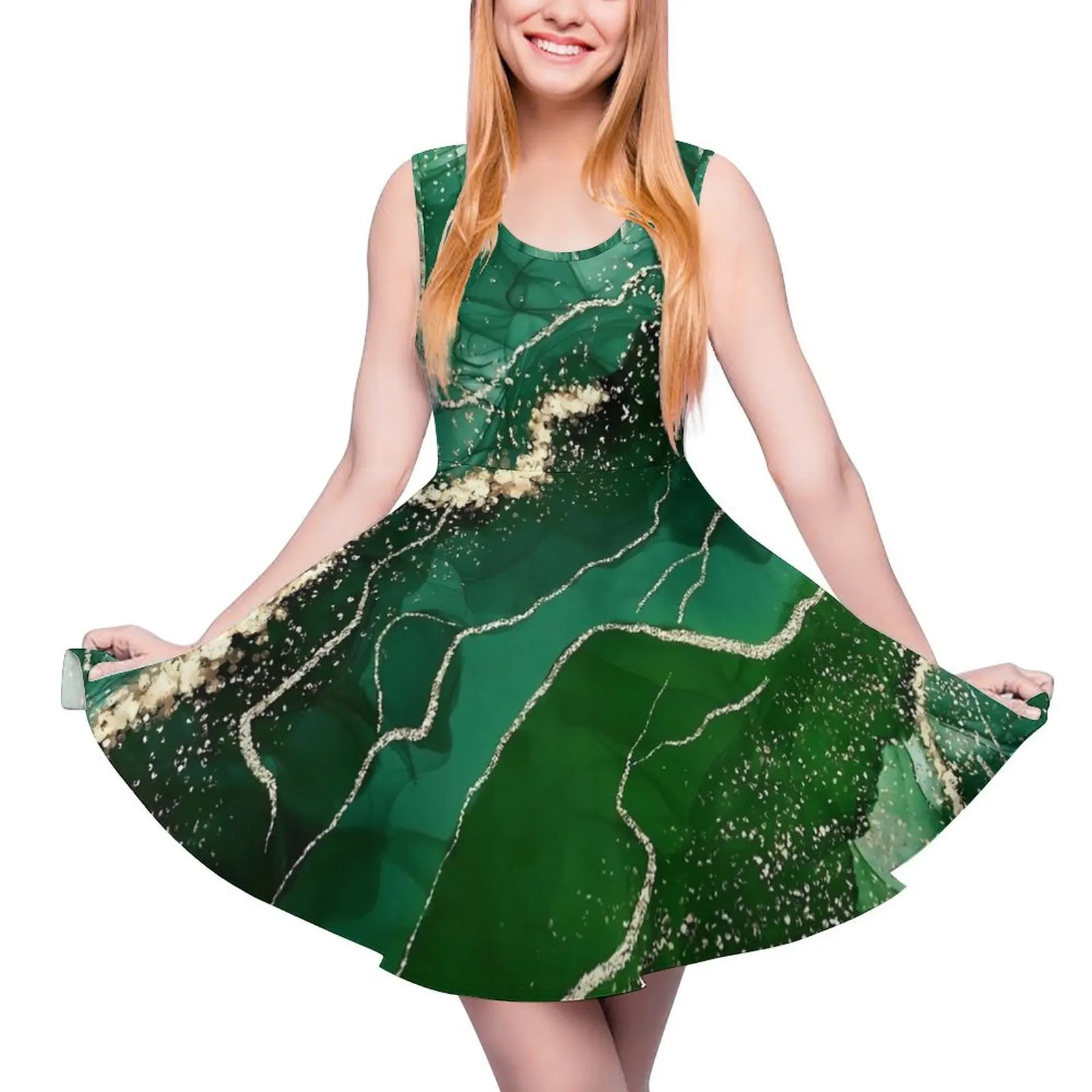 Green And Gold Marble Dress  Club Dresses High Waist Casual Skate Dress Woman Design Vestido Birthday Present