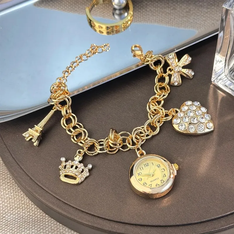 

Новые винтажные золотые, серебряные женские элегантные часы с сердечком и бантом, короной и подвеской-браслетом, женские кварцевые наручные часы