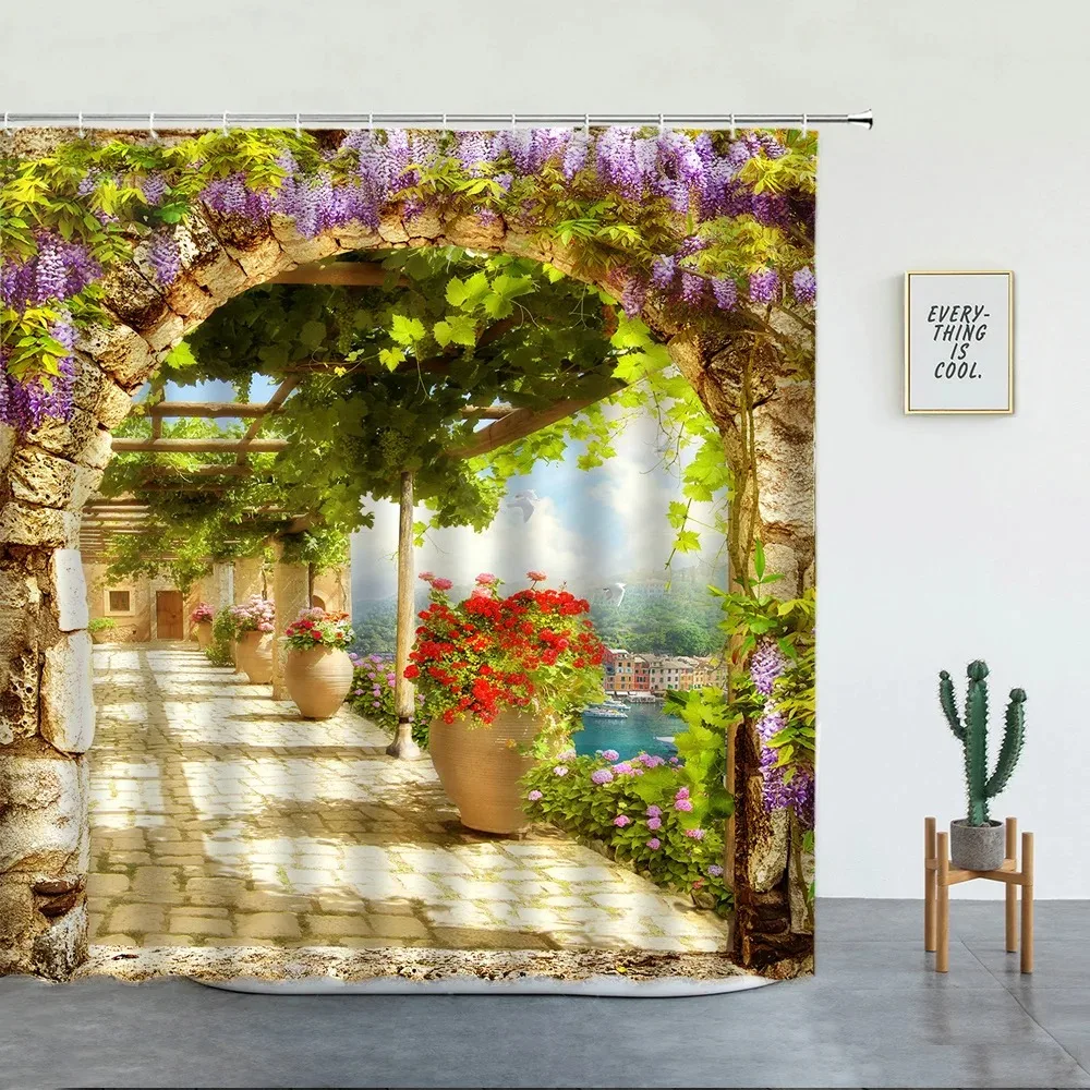 Landscape Shower Curtains American Building Street Garden Green Vine Flower Scenery Print Bathroom Screen Background Wall Decor