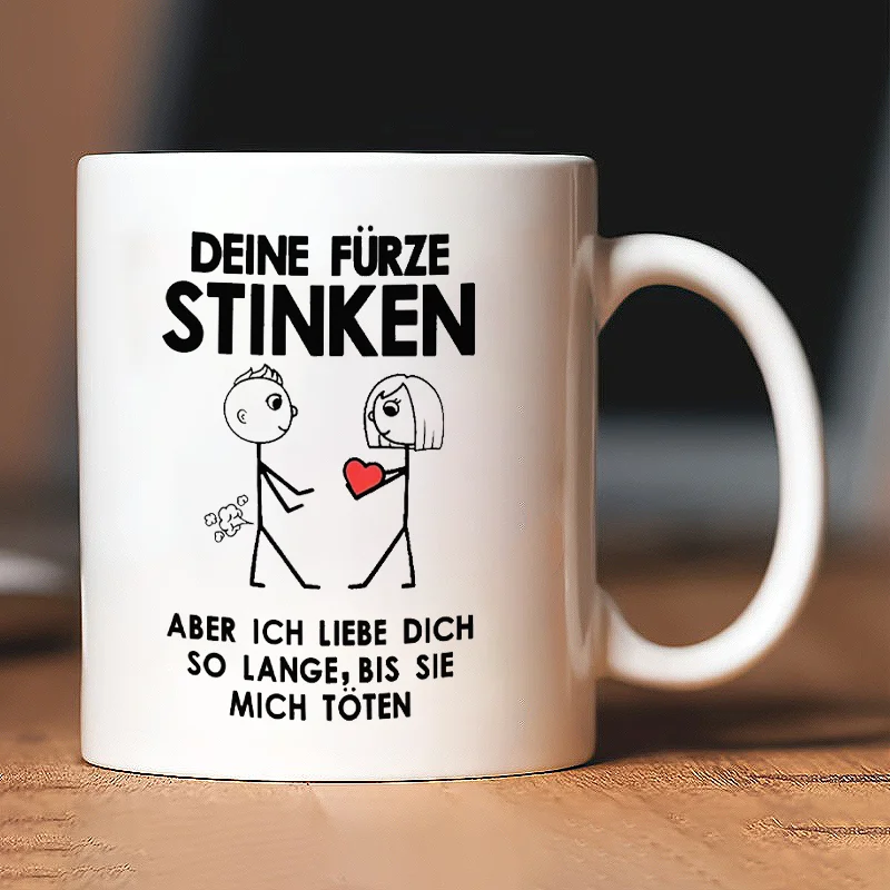 

11 oz German style ceramic coffee mug with fun stickman design - Reusable and machine washable - perfect for all beverages