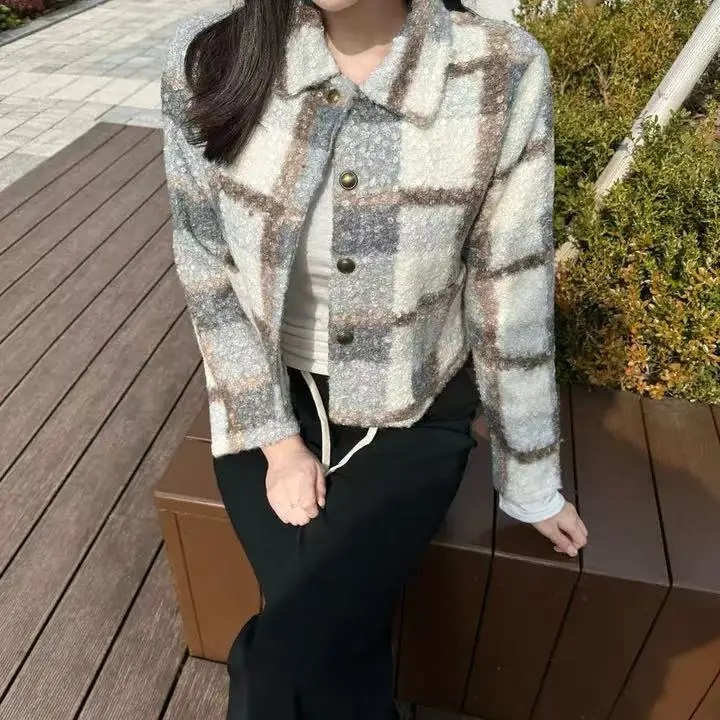 

Women's Chic Casual Loose Fit Long Sve Wool Blend Coat Korean Sle Plaid Patterned keted Outerwear Slimming Effect