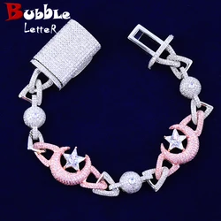 Bubble Letter Iced Out Moon Star Cuban Link Bracelet for Men Real Copper Cubic Zirconia Hip Hop Jewelry