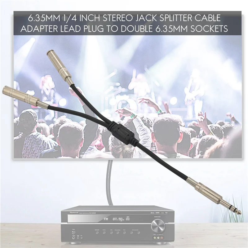 แจ็คสเตอริโอ6.35มม. 1/4นิ้วอะแดปเตอร์สายแยกปลั๊กตะกั่วสำหรับซ็อกเก็ต6.35มม. สองเท่า