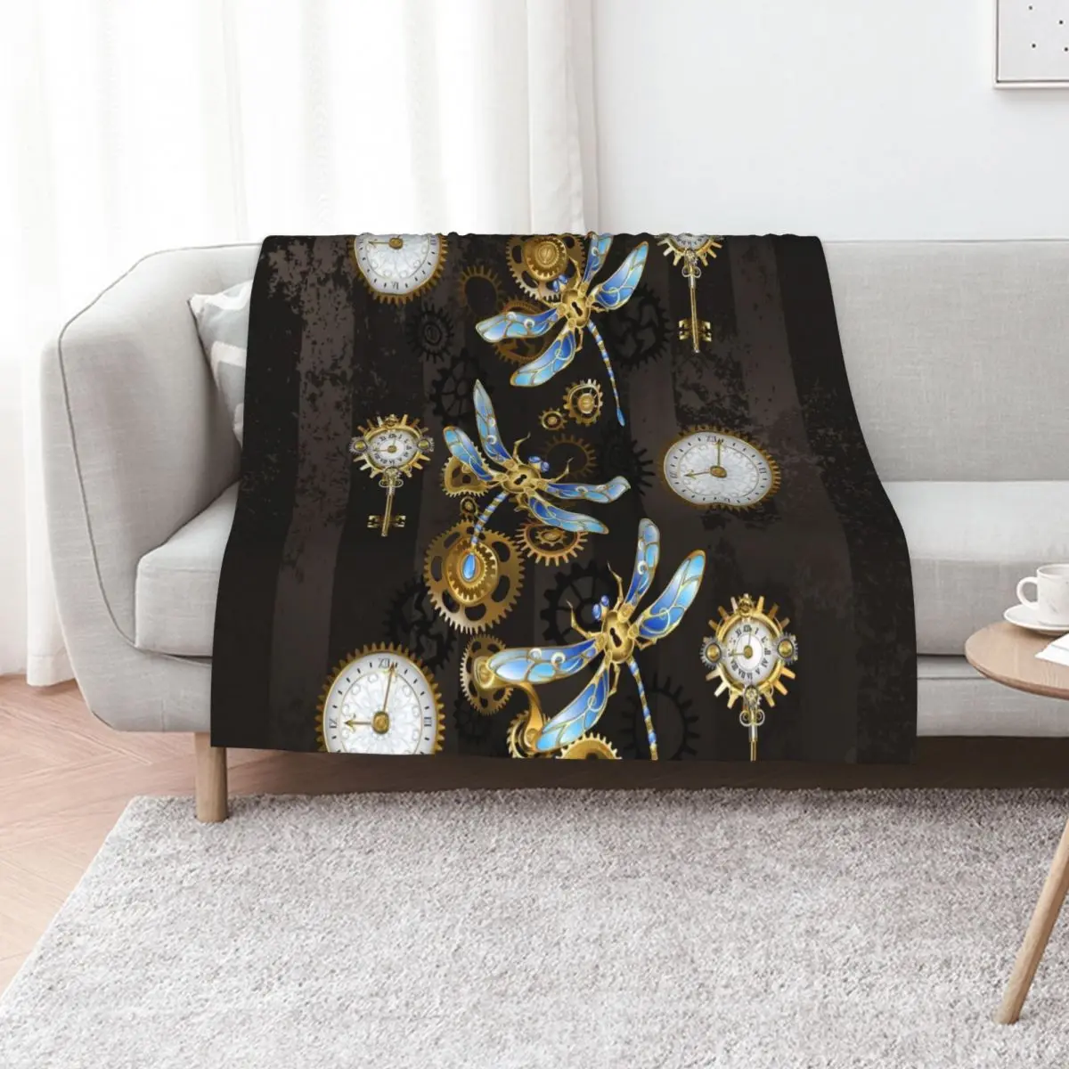 Steampunk Dragonflies on grunge background Throw Blanket Flannel Fabric Vintage Sofa anime manga Soft Plush Plaid Blankets
