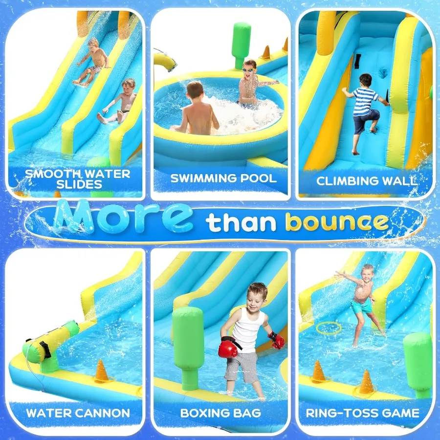Toboggan gonflable 11 en 1 pour enfants dans l'arrière-cour avec 2 toboggans d'eau, 2 cerceaux de basket-ball, piscine, mur d'escalade, blasters d'eau, 1 min