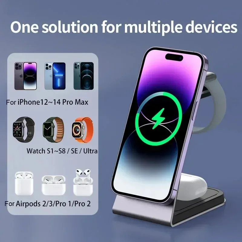 T3 Wireless Charger Stand 3 In 1 Magnetic Fast Charging Dock Station for iPhone 14 13 12 Pro Max Apple Watch 8 7 6 Airpods Pro