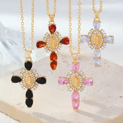 Hip Hop Rhinestone Virgin Mary Necklace Crucifix Cross Pendant Guadalupe Saint Benedict Medal Blessing Charm Catholic Jewelry