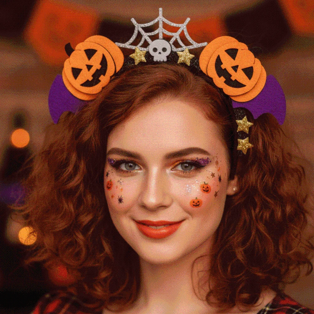 Felt Pumpkin Headband Glitter Stars Purple Batwing Halloween Hairband Flexible Bright Colors Bat Wings Hair Hoop Parade