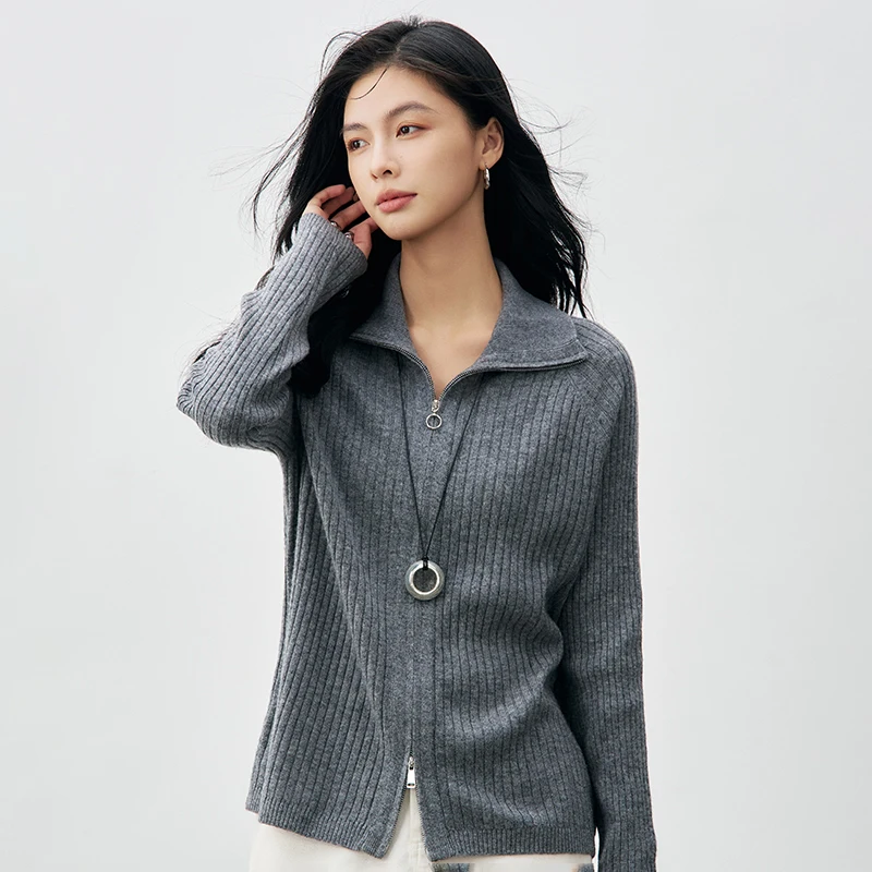 ฤดูใบไม้ผลิฤดูใบไม้ร่วง 100% ขนสัตว์ผู้หญิงเสื้อสเวตเตอร์ถักแขนยาวซิปความยืดหยุ่นสูงเสื้อกันหนาวนุ่มและBreathableคุณภาพสูงแฟชั่น