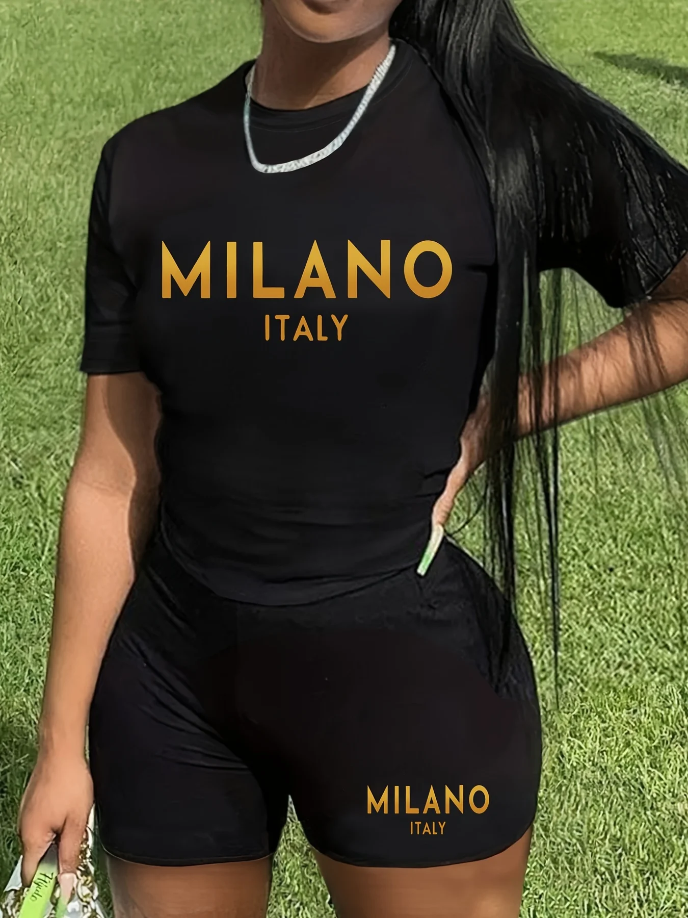 MILANO Print Casual Shorts Set, Crew Neck Short Sleeve Top & Shorts Outfits For Spring & Summer, Women's Clothing