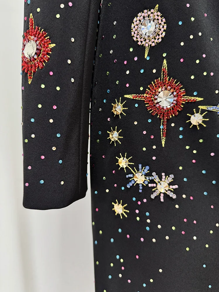 HIGH STREET Newest 2025 Designer Fashion Women's Colorful Beaded Standing Neck Long Sleeve Dress