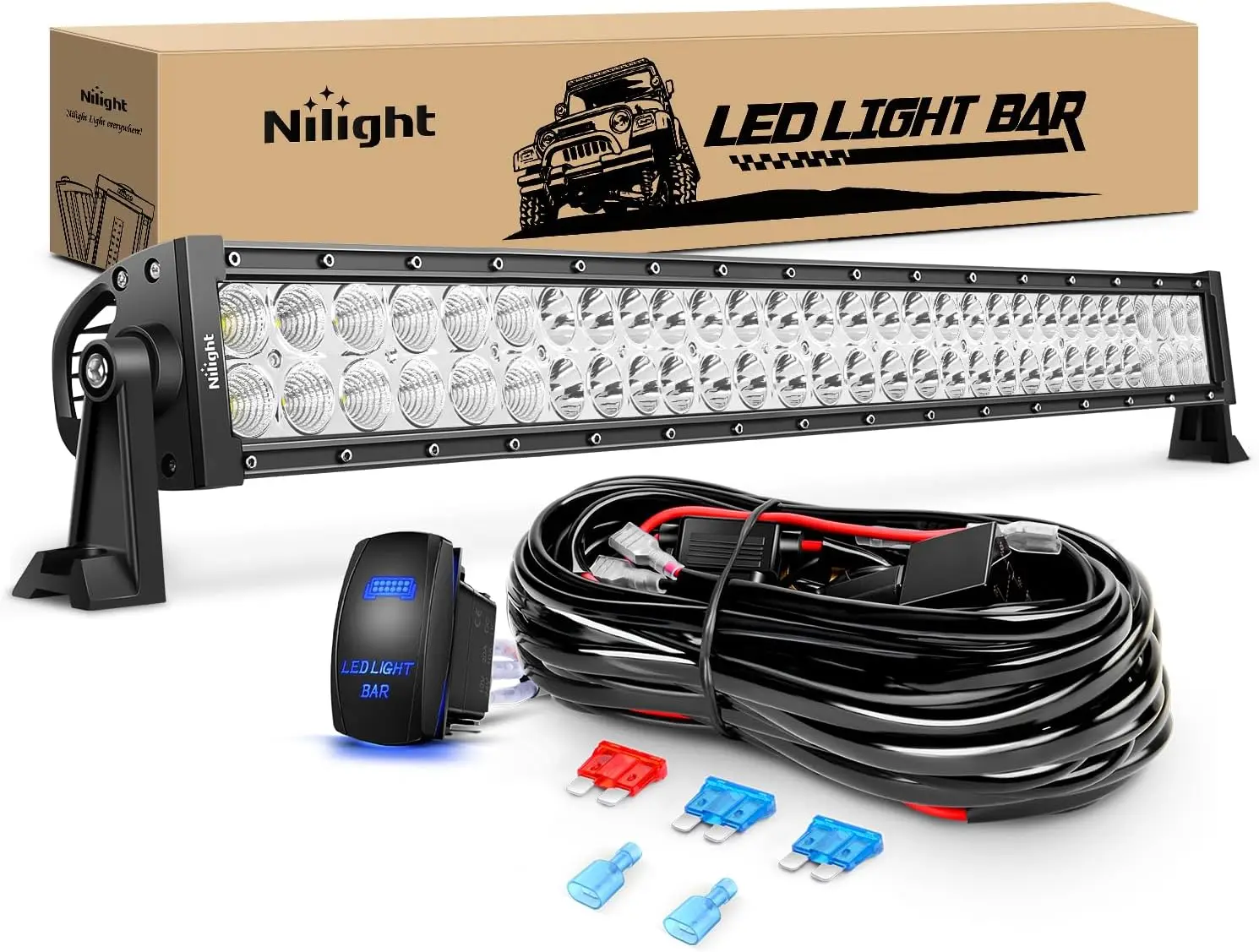 LED Light Bar 32Inch 180W Spot Flood Combo Led Off Road Lights 12V 5Pin Rocker Switch LED Light Bar Wiring Harness Kit, 2 Years