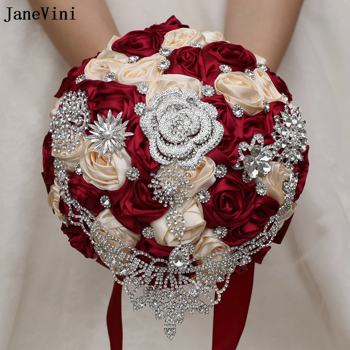 JaneVini Gorgeous Silver Rhinestone Dark Red Apricot Bridal Bouquets Artificial Satin Roses Wedding Bouquet Flower Ramo De Novia