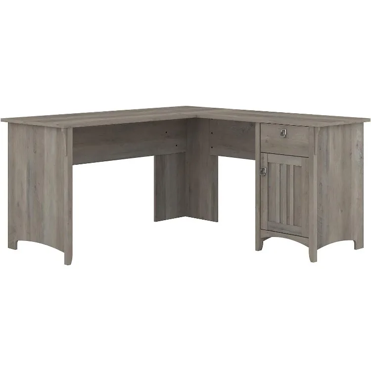 

Salinas L Shaped Desk with Storage in Driftwood Gray Modern Farmhouse Corner Table with Drawers and Cabinets for Home Office