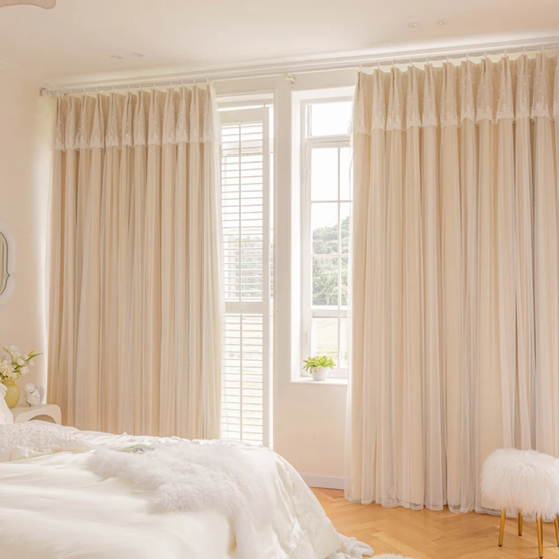 Cream Double Layer Princess Dreamy Elegant Luxurious French High Quality Fabric Curtains for Living Dining Room Bedroom Blackout