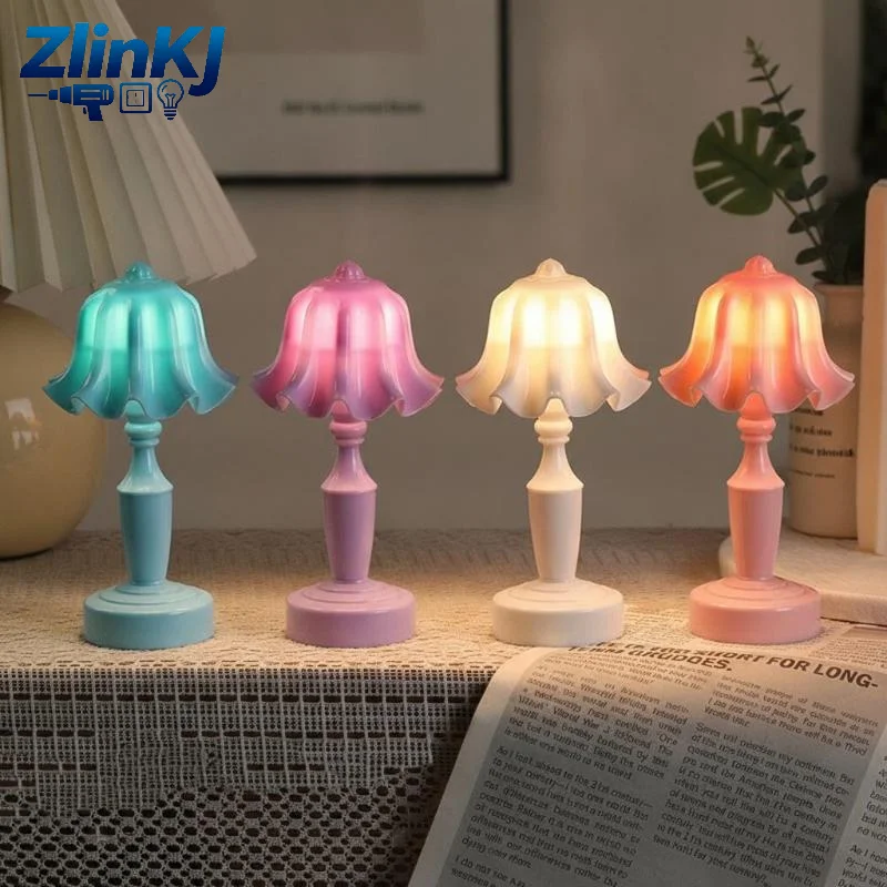 1Pc Mini Retro LED Flower Desk Lamp, Lily Of The Valley Lotus Night Light Dollhouse Simulated Furniture Decor Toy