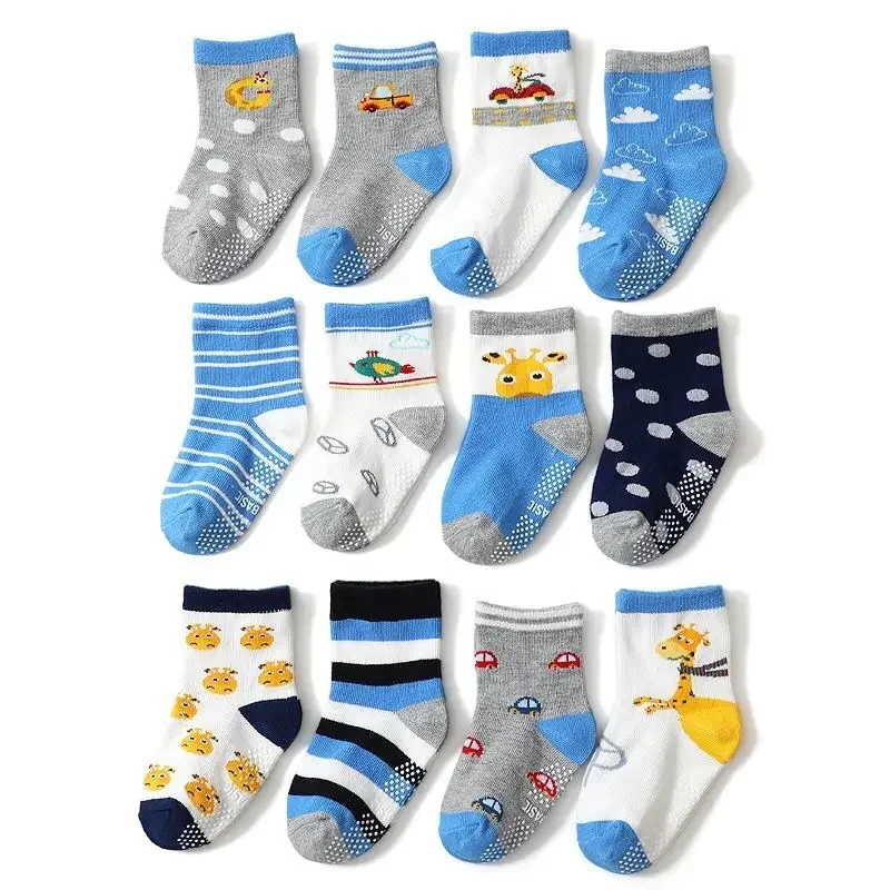 

4Pairs/Lot Children's Anti-slip Boat Socks for Boys Girl Socks Floor Sock with Rubber Grips 1-5 Years