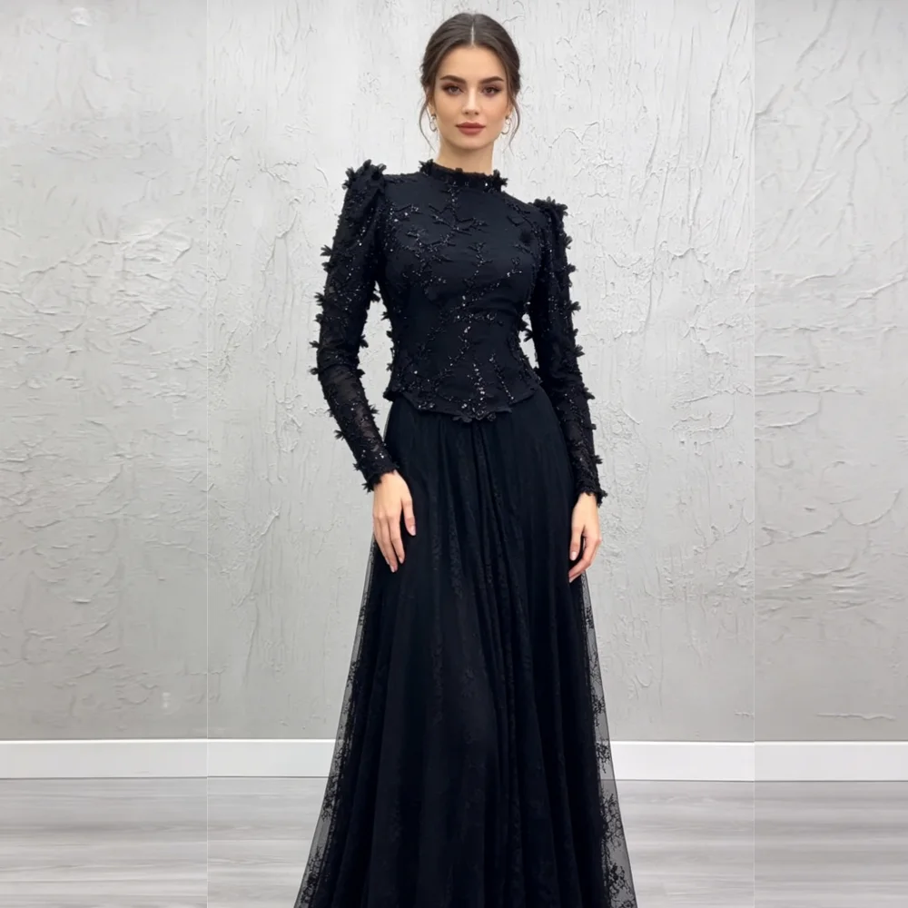 

Customized Elegant Party Dresses for Wedding High Collar Applique Pleat A-line Lace Long Dresses Classic Formal Evening Dress