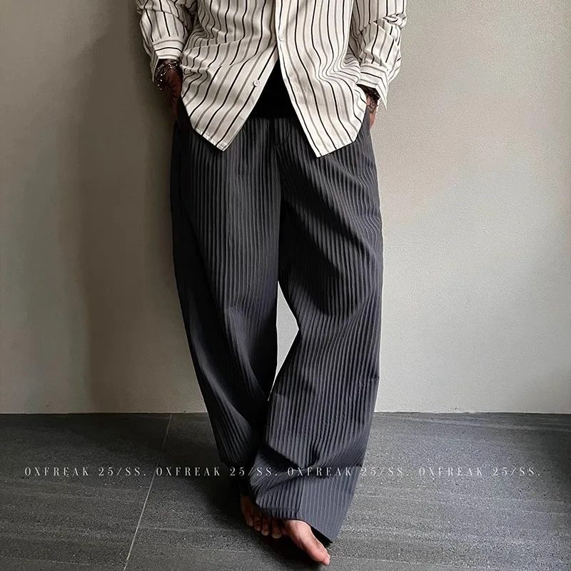 2026 Summer Men Old Money Striped Casual Pants Textured Ice Silk Wrinkle Fabric Draped Loose Versatile Long Trousers