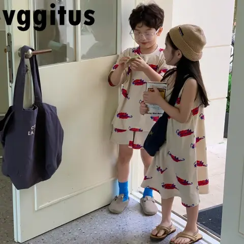 가족 형제 자매 복장 여름 편지 낙서 짧은 소매 티셔츠/반바지 세트 오-넥 조끼 드레스 아동복 H2023