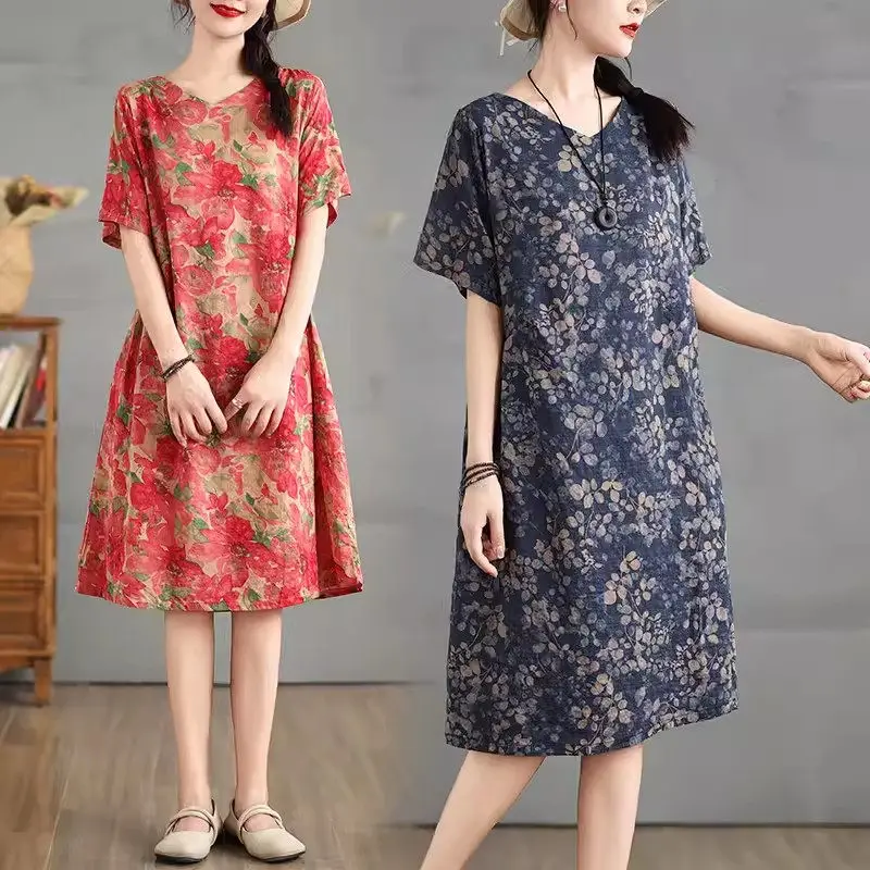 Artistic Casual Loose Versatile Cotton And Linen Dress For Women Short Sleeve 2024 Summer Clothing Printed Vestidos K2018