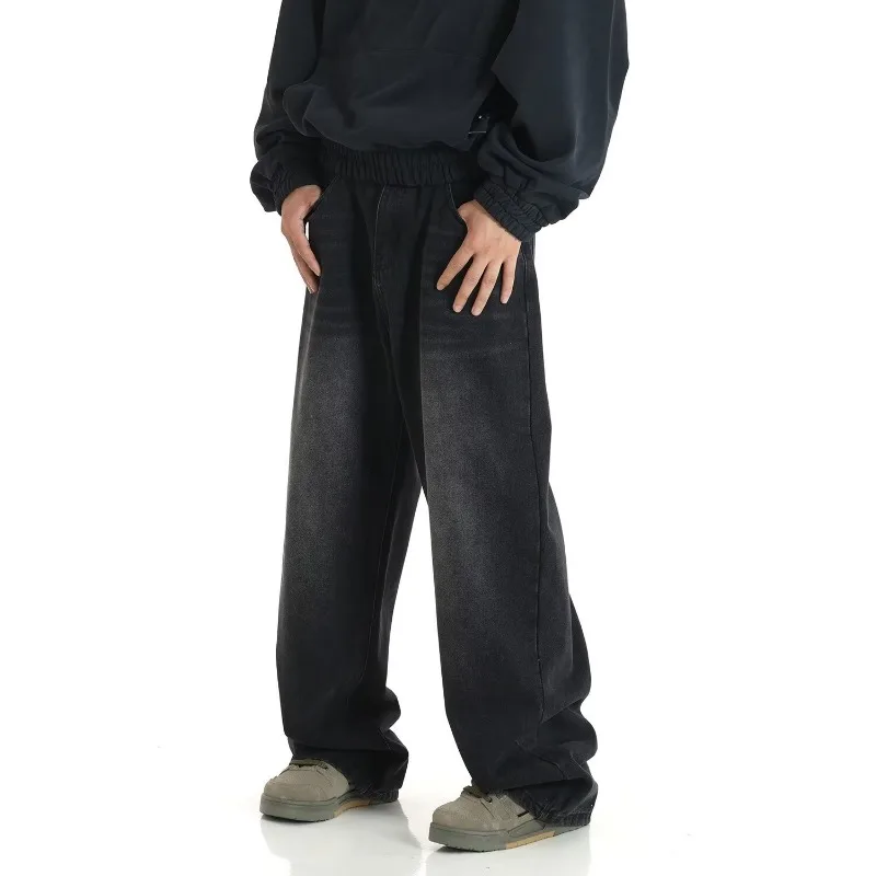 Vintage Washed Men Jeans Loose Straight Leg Denim Pants Yellow Mud Dye Wide Leg Trousers Retro Cargo Jeans