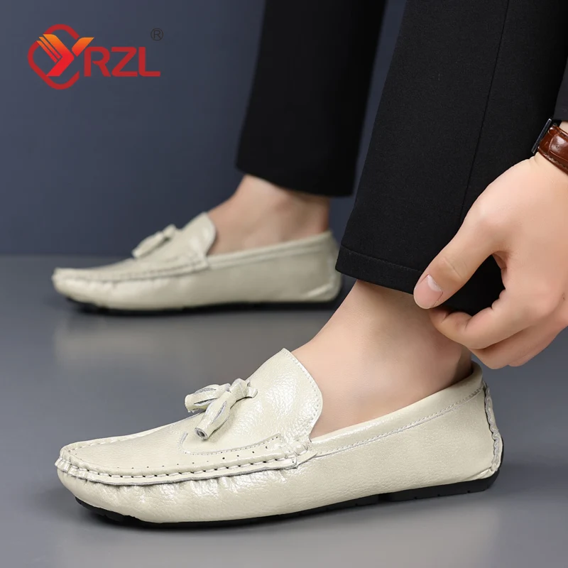 YRZL Echtes Leder Loafer Männer Casual Schuhe Luxus Marke Herren Quaste Faulenzer Atmungsaktive Slip auf Brogue Fahren Schuhe Plus Größe