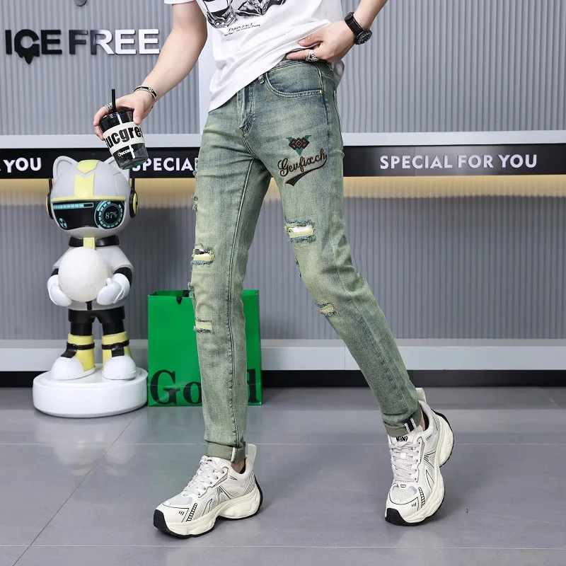 Vintage blue ripped jeans men's summer fashion embroidered slim pencil pants stretch washed thin skinny long pants