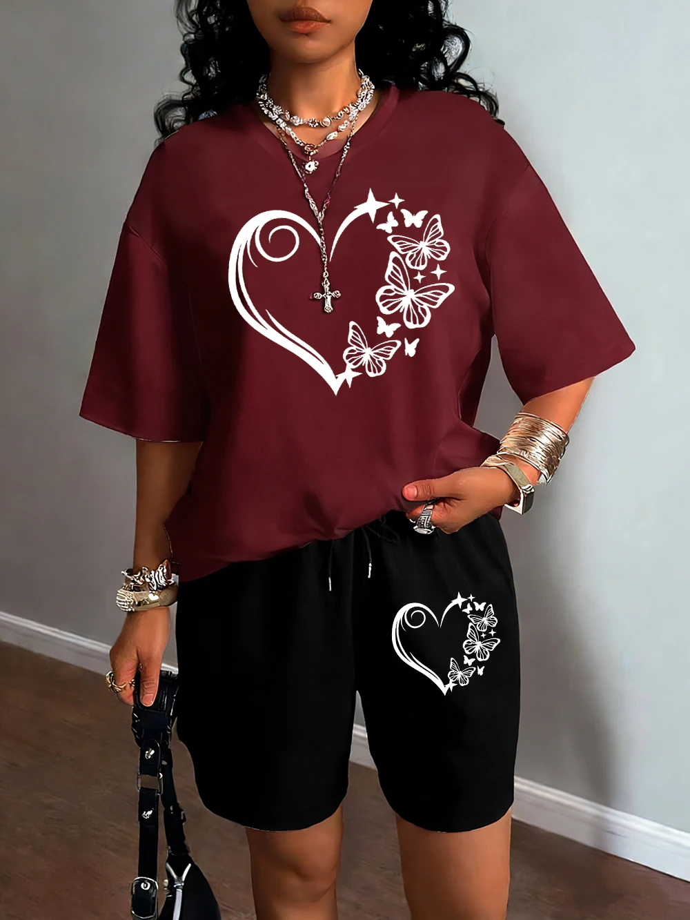 

Art Butterfly Heart Print Womens T Shirt Sets Summer T-Shirt Crewneck Cotton Streetwear Drawstring Pocket Woman Short Pants