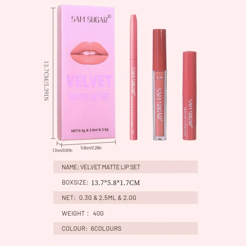 SAM SUGAR Langlebiges, wasserfestes, mattes Lippen-Make-up-Set, hochpigmentierter 3-in-1-Lipliner, flüssiger Lippenstift, Lippenstift-Set