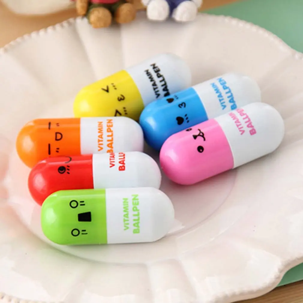 

6PCS Cute Cartoon Retractable Mini Pen Novelty Pill Shape Smile Face Ballpoint Pen School Stationery Supplies Dropshipping