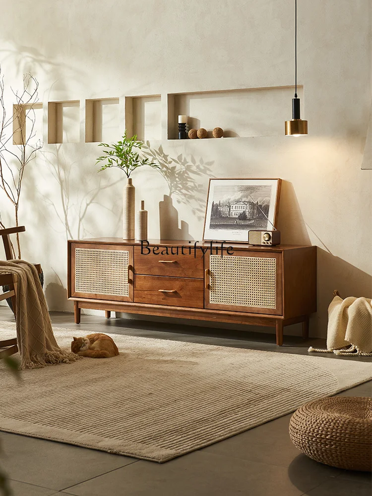 

Solid Wood Rattan TV Cabinet Living Room Small Apartment Floor Cabinet Minimalist Creative Rattan Storage Cabinet