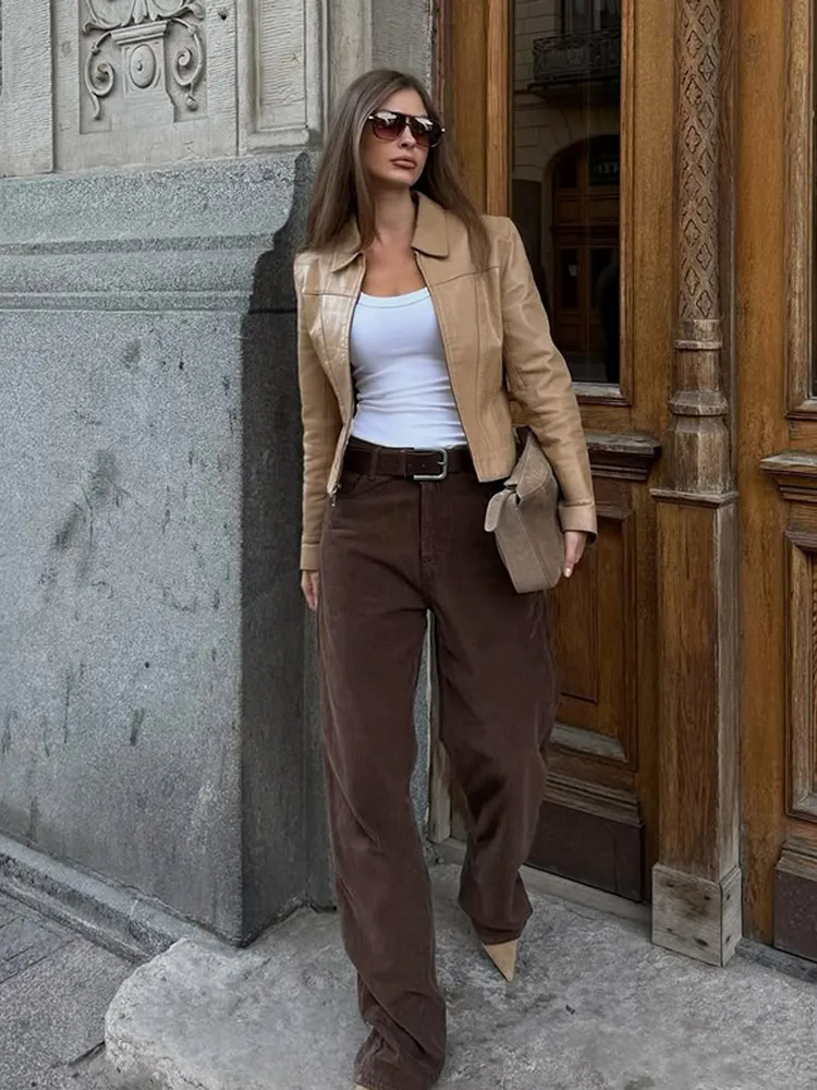 Abrigo de cuero para mujer, moda de otoño, nuevo cárdigan elegante con solapa, abrigos de manga larga para ir al trabajo diario, prendas de vestir exteriores cortas para mujer de calle alta