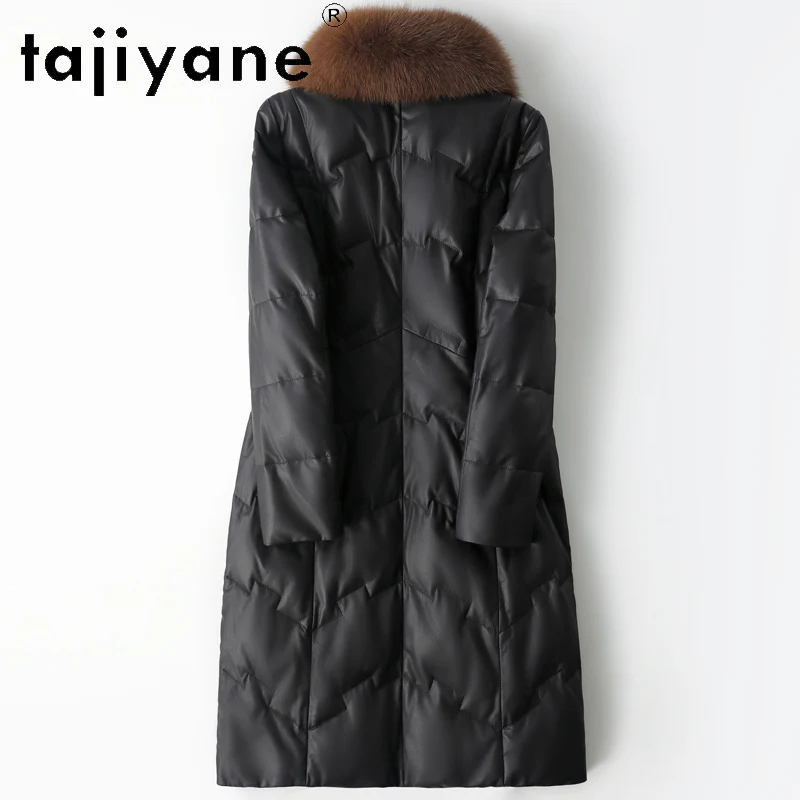 TAJIYANE 100% معطف من جلد الغنم عالي الحبوب أسود طويل من الجلد الحقيقي سترة منفوخة للنساء مع ياقة من فرو الثعلب ملابس شتوية 2025