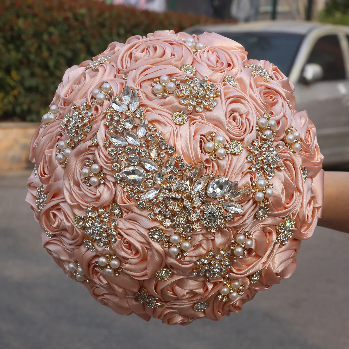 2026 Rosewood Wedding Bridal Bouquet with Bling Rhinestones for Bride Bridesmaid Ribbon Rose Flower Quinceanera Bouquet