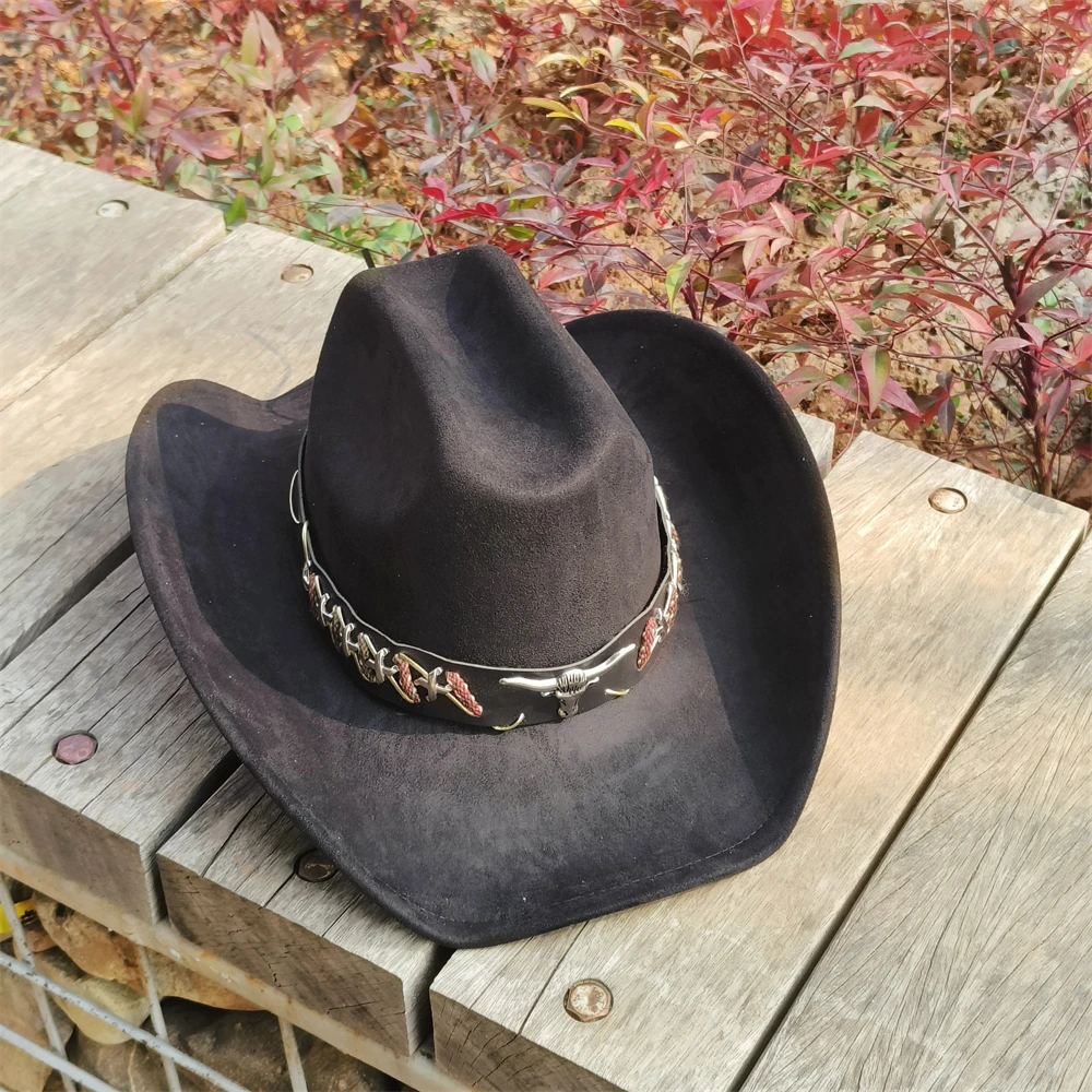 Wide Brim Cowboy Hats for Women Retro Cow Belt Suede Cowboy Hat Men Cattleman Style Suede Rancher Hat for Men Sombrero Hombre